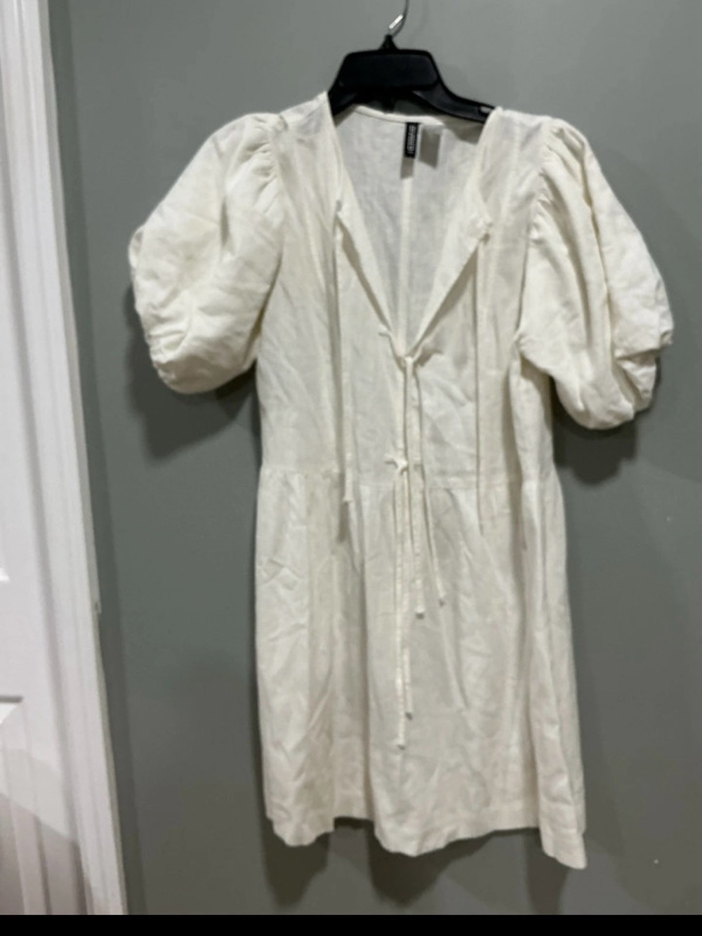 H&M Cream Puff-Sleeve Tie-Front Mini Dress